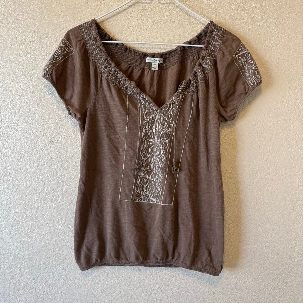 American Eagle Brown Embroidered Peasant Top Size XS Boho Y2K